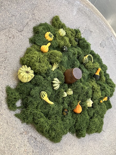 Herbstliche Deko mit Moos und Kürbissen im Schulbrunnen.